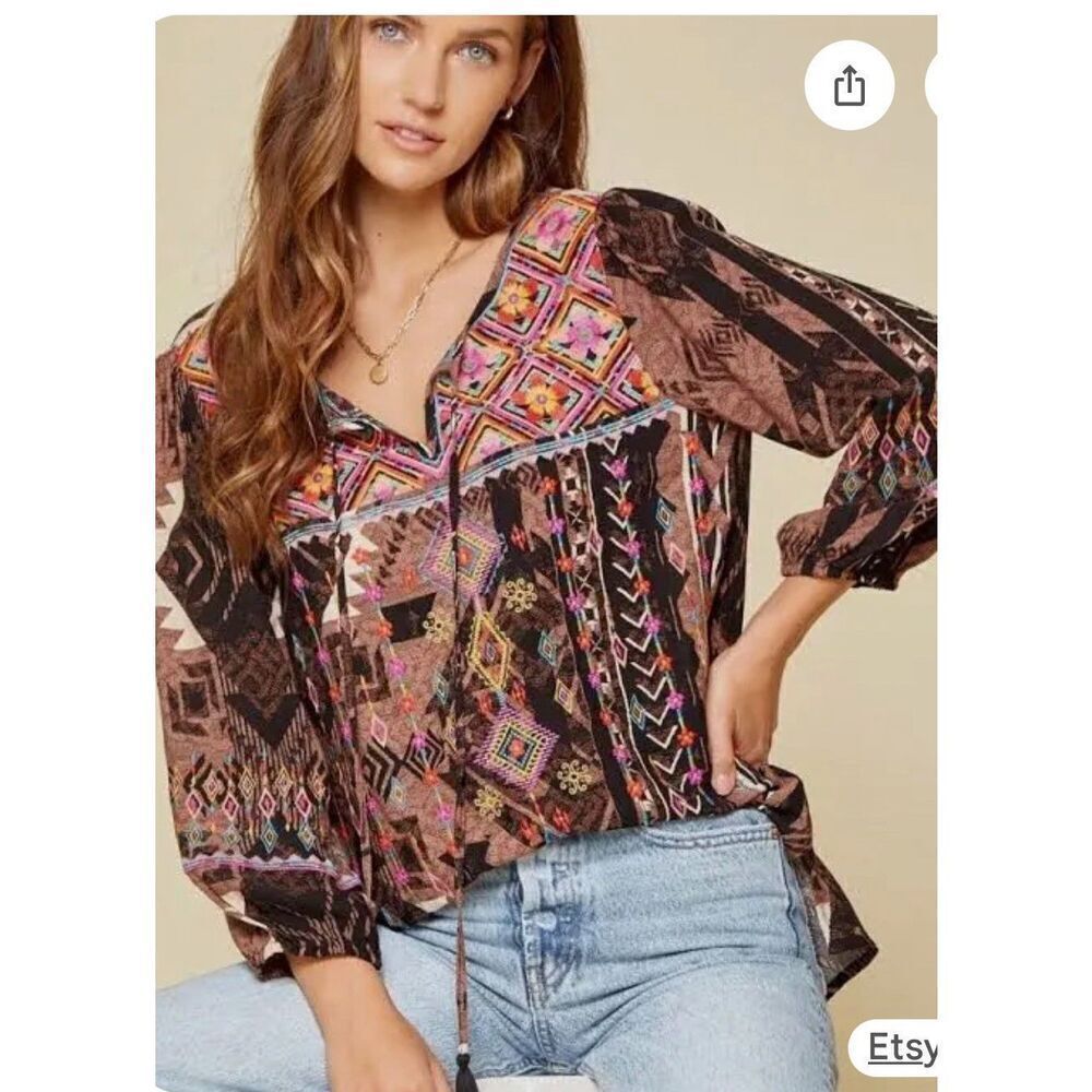 Savannah Jane Top Women's three-quarter sleeves, heavily embroidered tassels S